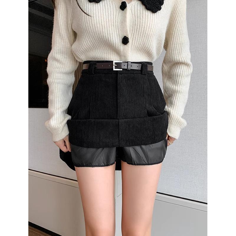 2024 Fall/Winter Korean Waistless Corduroy Pleated Mini Skirt - High Waist A-Line Design