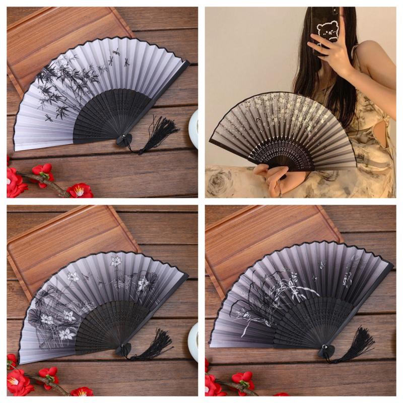 Chinese Folding Fan Wash Painting Traditional Decorative Hand Fans Classic Versatile Dancing Tassel Home Decoration Elegant New