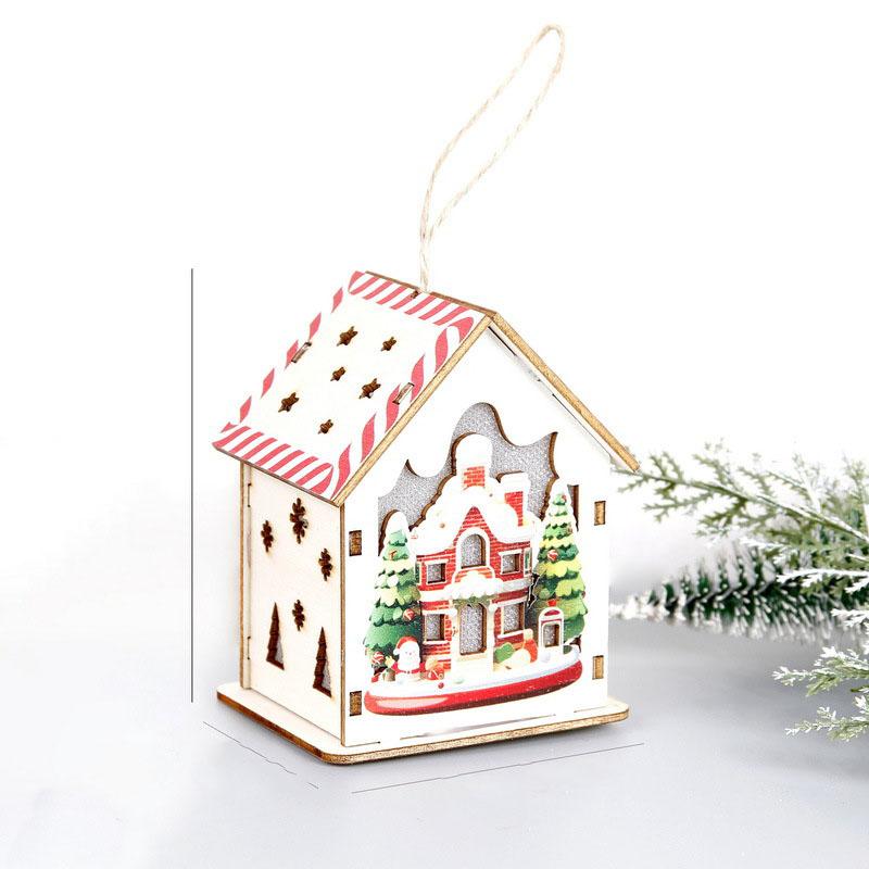 Christmas Glowing Colorful Hut Christmas Decorations Wooden House Hanging Christmas Tree Pendant