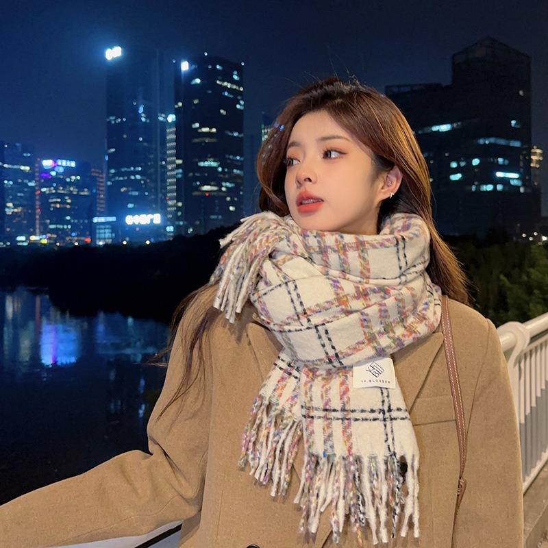 Imitation cashmere scarf women's winter high-end feeling new small fresh plaid thickened warm shawl scarf