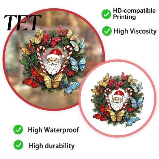Waterproof PVC Static Clings Christmas Wreath Window Sticker, Stained Glass Style, Removable Santa Butterfly Candy Cane Decal, Cling for Home