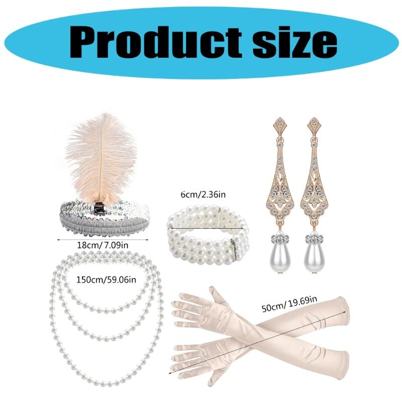 1920s Flapper Cosplay Accessories Feathered Headband Necklace Earring Gloves Bracelets for Women Prom Wedding Masquerade