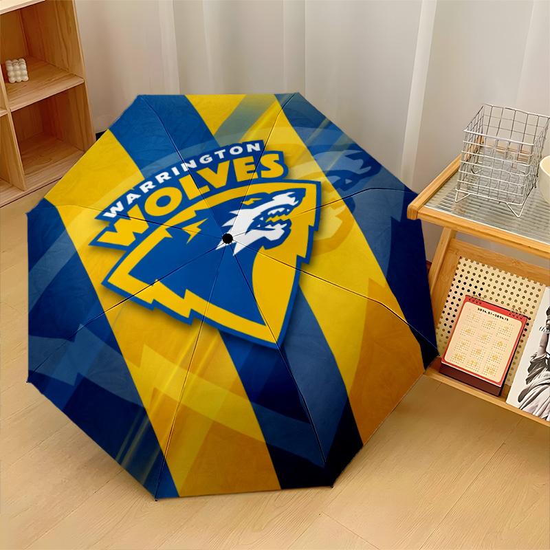 Warrington Wolves Print Auto 8?Ribs Folding Umbrella Wind Resistant Lightweight Automatic Umbrella For Daily Travel