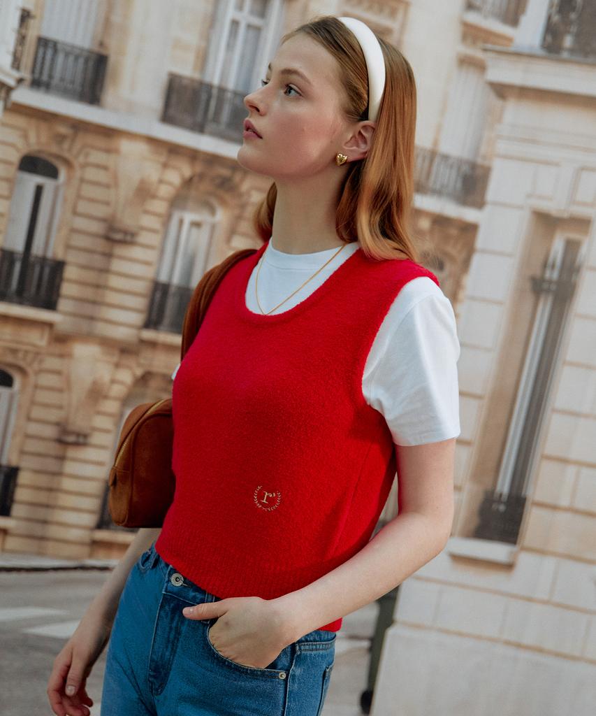 ROLAROLA Round Neck Boucle Knit Vest Red
