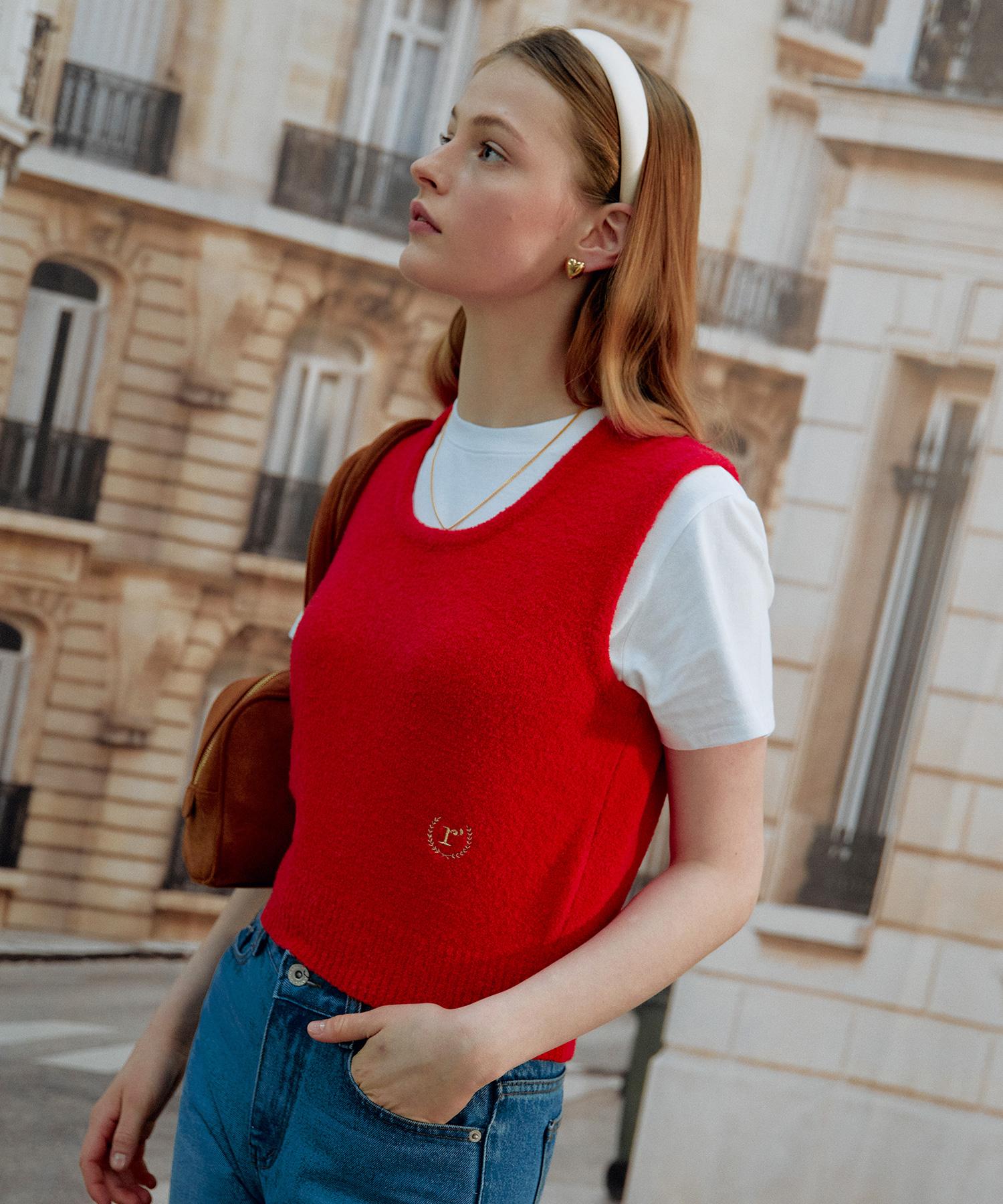 Lora Lora Round Neck Boucle Knit Vest Red Red/Free