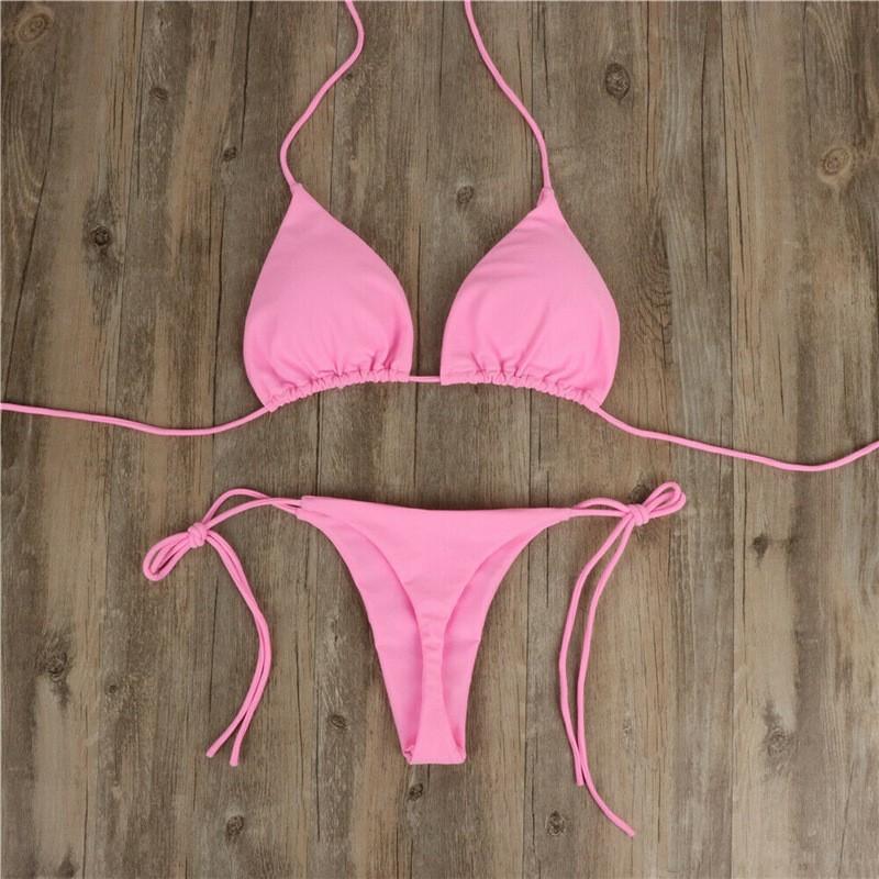 Neck solid color three-point bikini sexy swimsuit women's split strap adjustable multi-color swimsuit