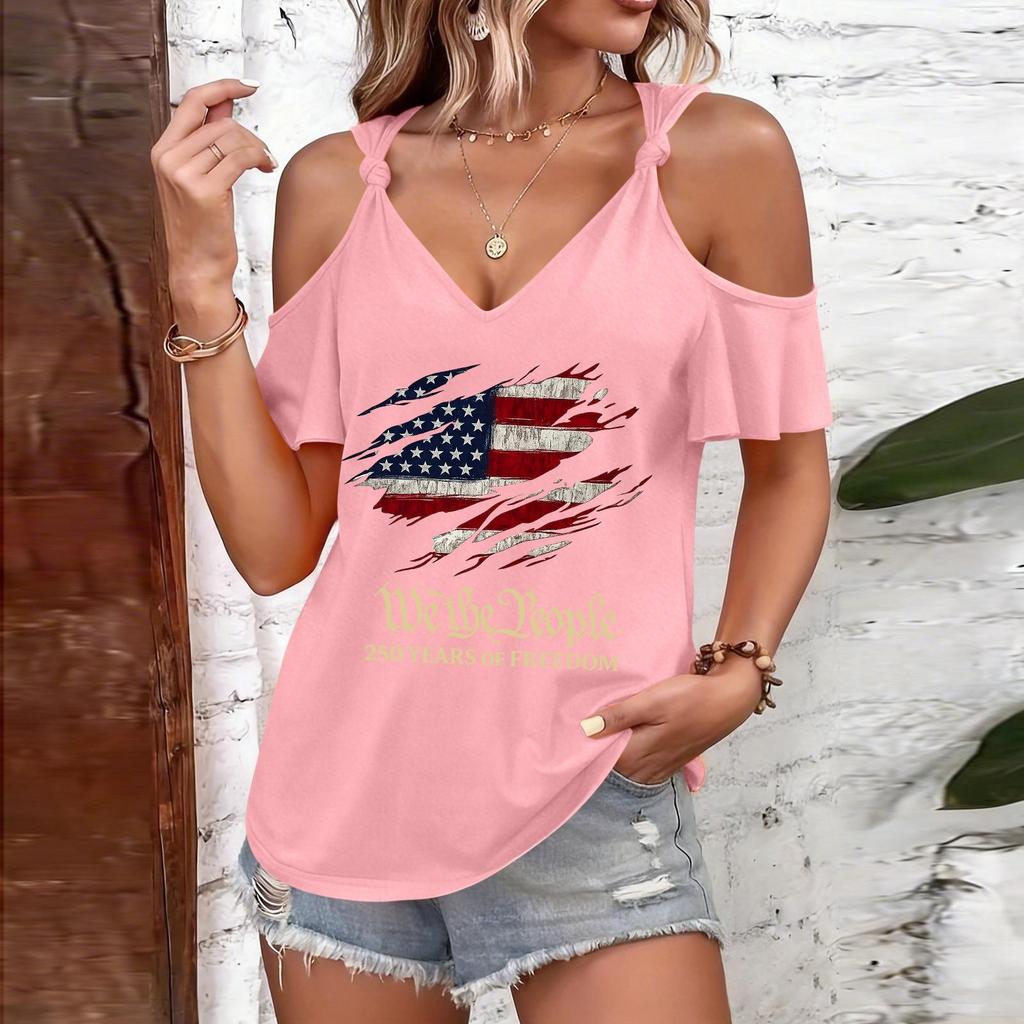 T-shirt décontracté pour femme à épaules dénudées et bretelles à nouer, manches courtes, col en V, imprimé drapeau américain, haut léger d'été