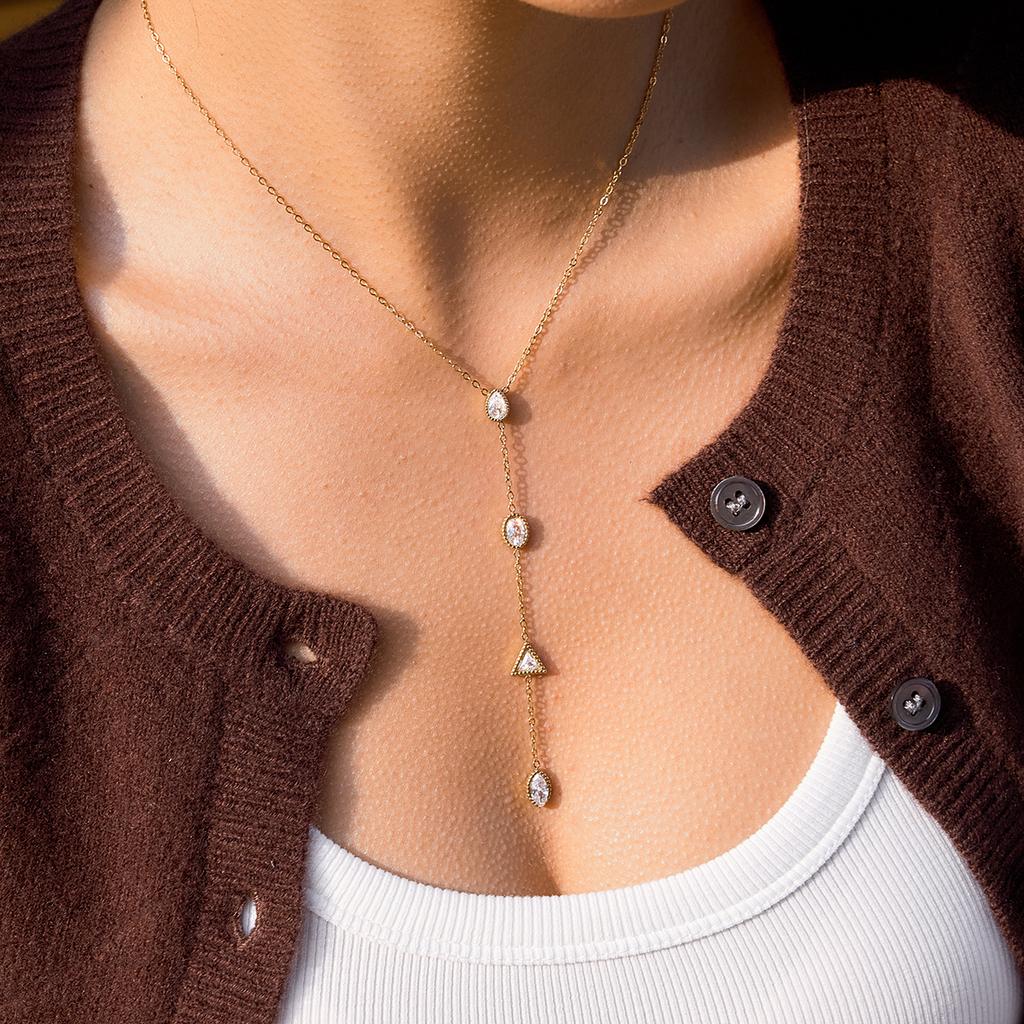 Yori Exquisite White Geometric Cubic Zirconia Y-chain Necklace 18k Golden Pvd Plated Stainless Steel 2026 Basic Jewelry