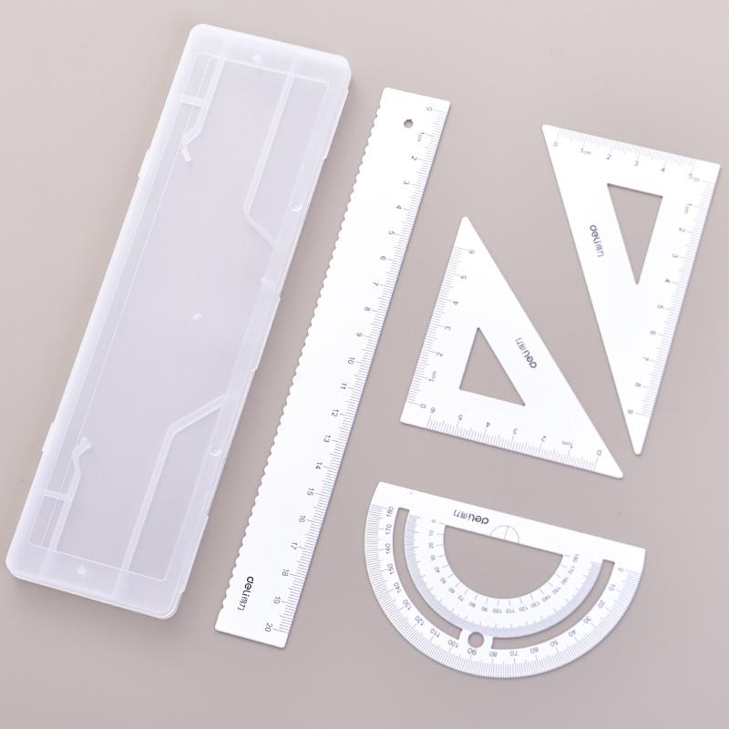 DELI Metal Ruler 20cm Set Stationery for Students Straightedge Triangle Ruler with Wave Line Protractor, Compass Triangle Plate