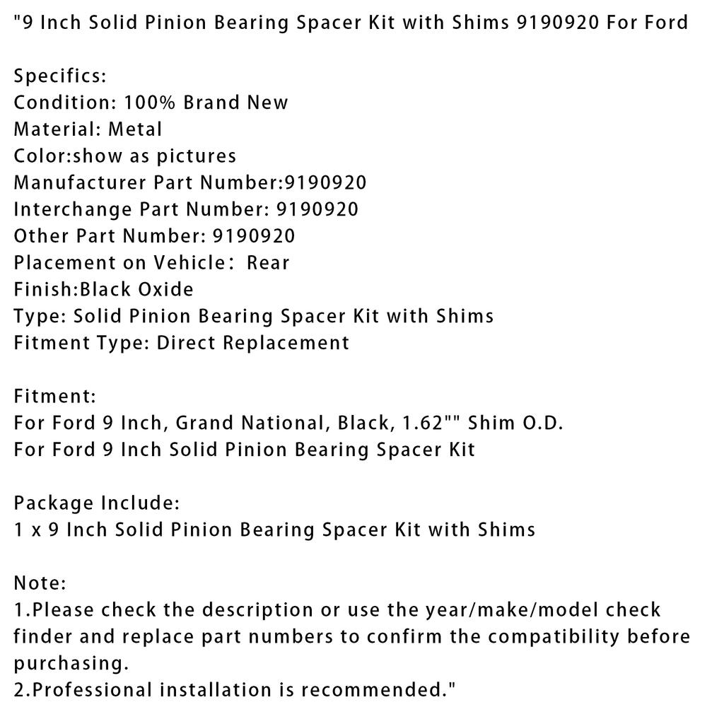 9 Zoll Massives Ritzellager Distanzstück-Kit mit Unterlegscheiben 9190920 Für Ford