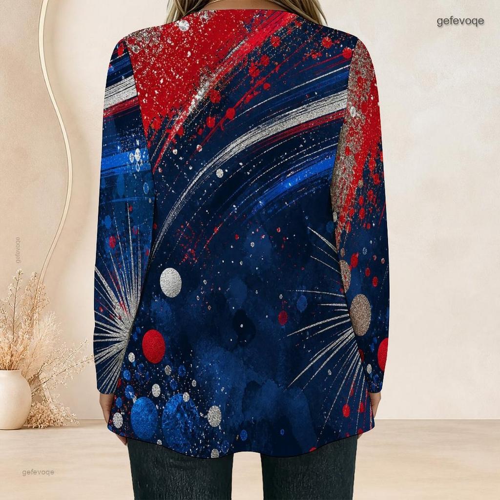 Women Plus Size Square Neck Long Sleeve T Shirt Vintage American Flag Star Stripe Print Double Layer Front Top