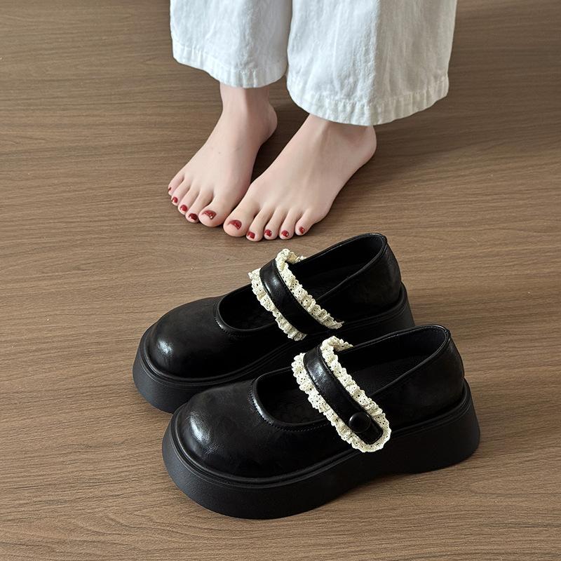 

College style skirt small leather shoes 2025 spring new lace lace Velcro loafers women s Japanese JK single shoes 40 чёрный