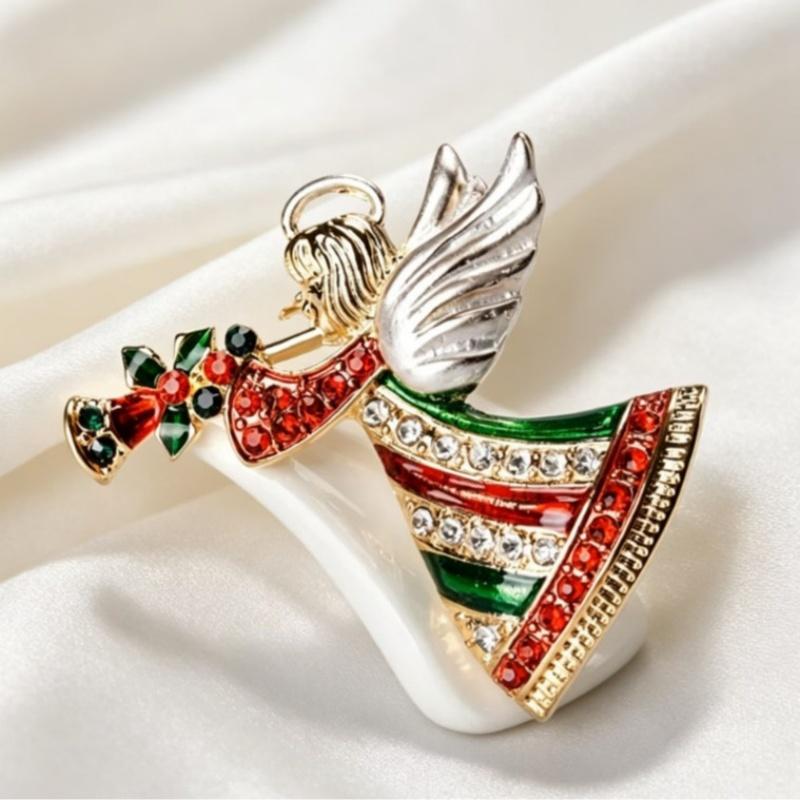 Christmas Angel Brooch Sparkly Rhinestone Inlay Gold Plated For Holiday Outfits Festive Gifting