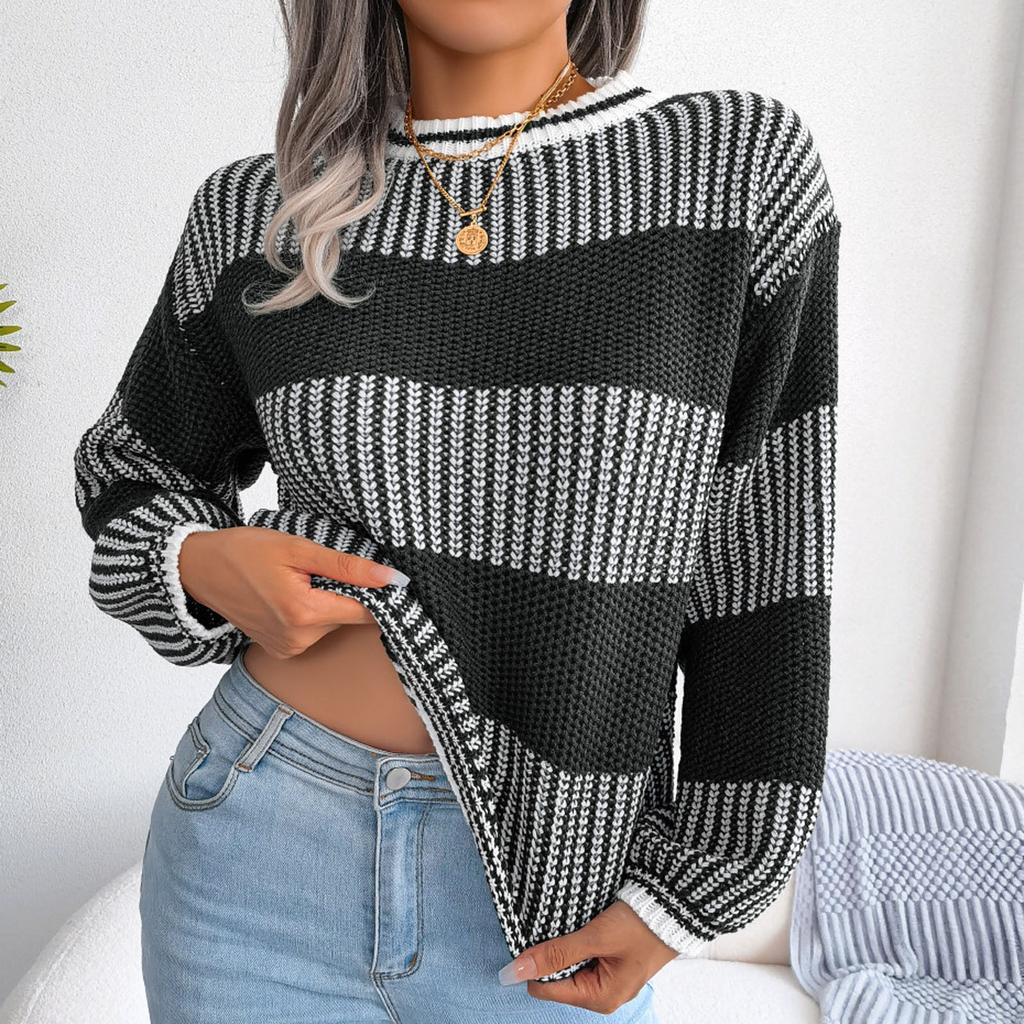 Women's Loose Casual Round Neck Long Sleeved Striped Long Sleeved Knitted Pullover Sweater