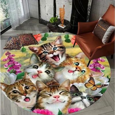 Whimsical Cat Circular Rug Cute Kittens Colorful Floral Design Home Decor Round Carpet Soft Non-Slip Floor Mat for Living Room