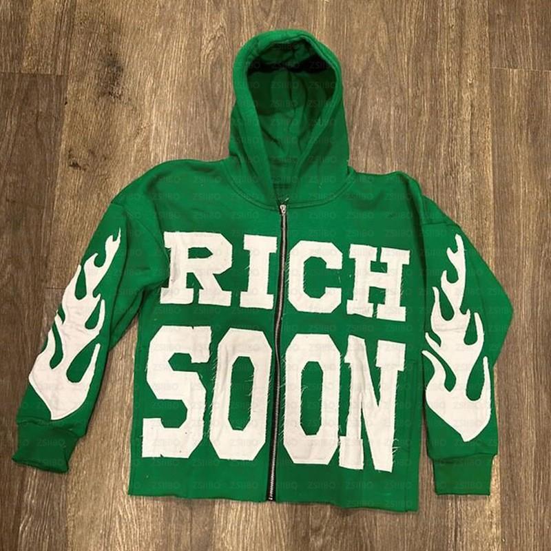 Unisex Hooded Zip-Up Sweatshirt With Letter Print Loose Fit Streetwear Casual Pullover