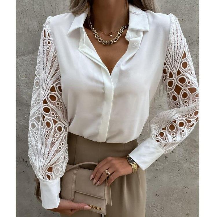 Mesh Design Hollow Out Lace Sexy Vintage Button Up Long Sleeve Blouse Top Women Shirts Femme Tops Spring White Black