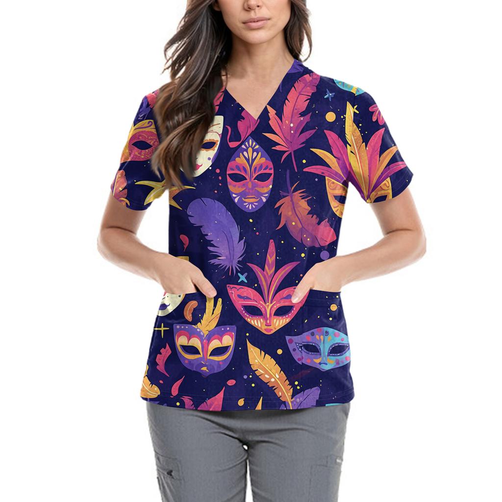 Women's Fashionable V-neck Workwear Printed Short Sleeved Pocket Side Slit Workwear Basic Pullover Top