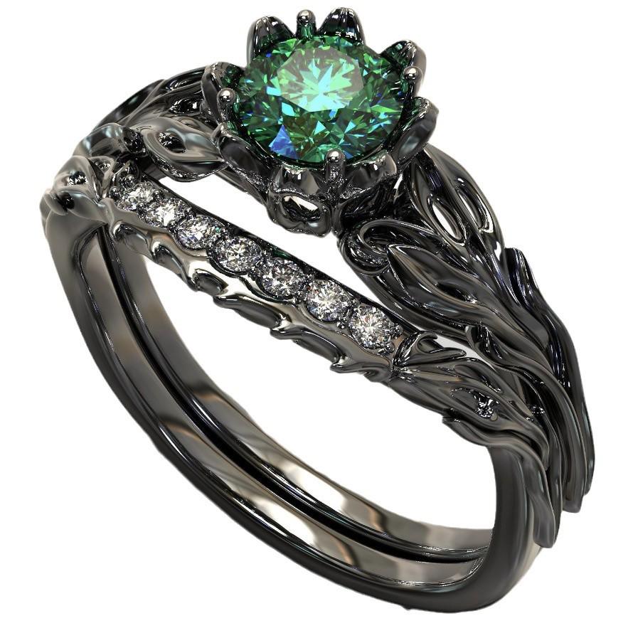 Sanjie SHEIN Emerald Inlaid Gun Black Wedding Rings for Women