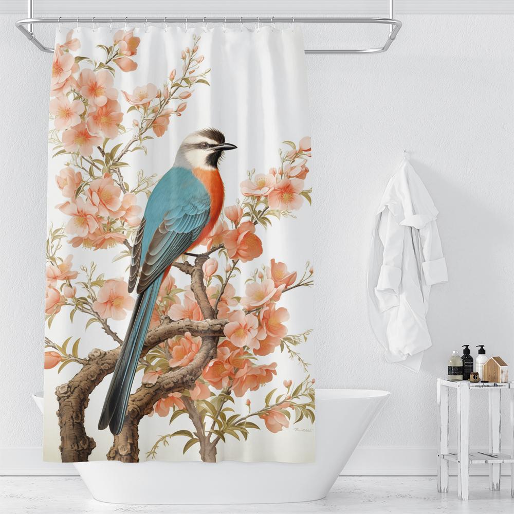 Watercolor Floral and Birds Floral Shower Curtain with Hooks - Waterproof and Minimalist Design for Bathroom Home Decor Curtain