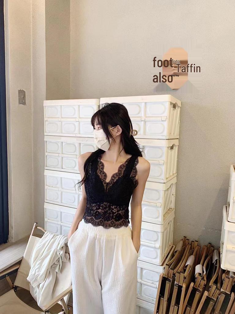 6060 Lace V-Neck Ice Silk Backless Tank Top with Integrated Cup Lingerie