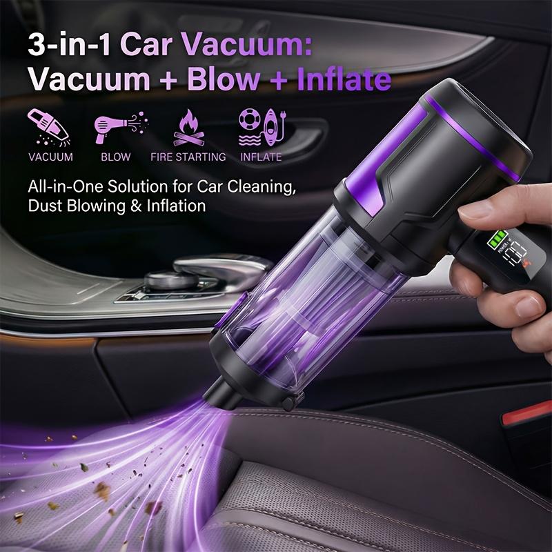 Handheld car vacuum cleaner with 24000Pa suction power, high-power charging, and digital display.