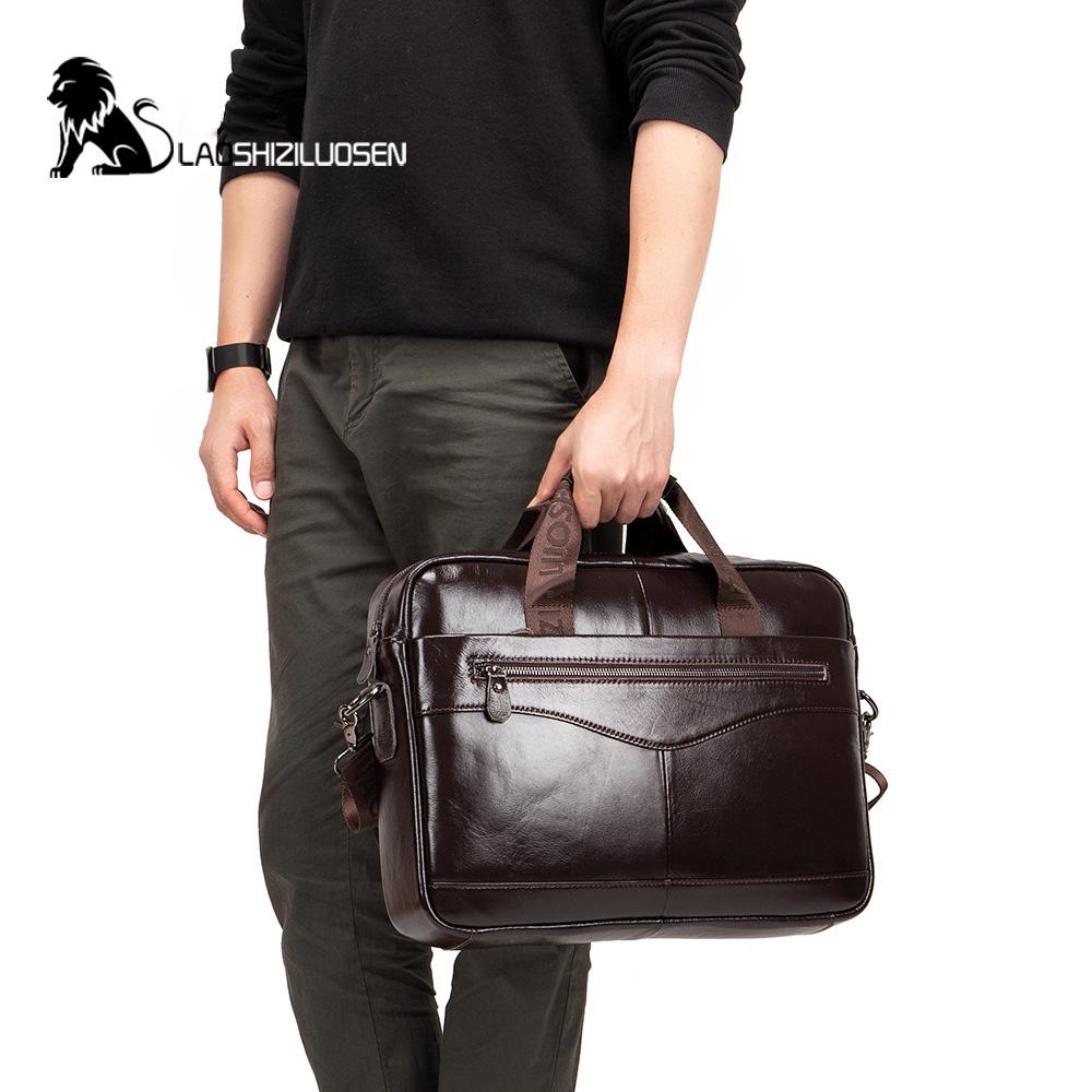 LAOSHIZI Men's Briefcase Male  Genuine Leather Messenger Bag Documents Bag Crossbody Bag