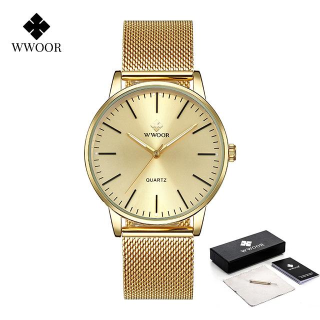 WWOOR Men's Watches Ultra thin Stainless Steel Waterproof Quartz Wrist Watch for Men Top Brand Luxury Fashion Male Watch
