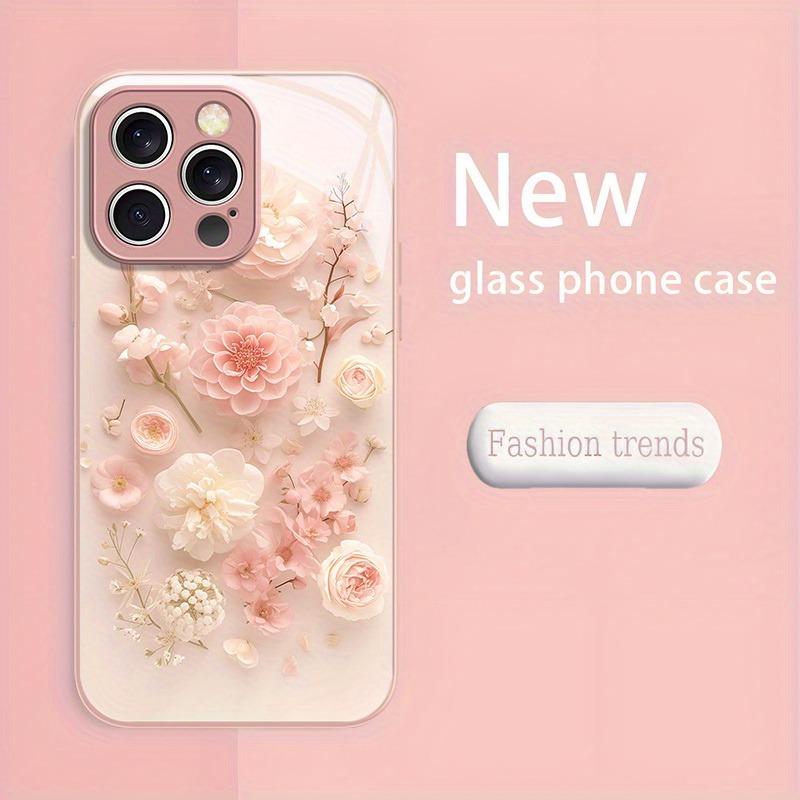 Cute Flower Pattern Pink Metallic Paint Glass Hard Phone Case For iPhone 11 12 13 14 15 16 17 Pro Max 15 14 Plus 16E 17Air Cover