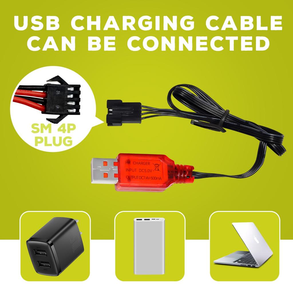 2PCS 7.4V 3000mAh 15C 2S Li-ion Battery with SM-4P Plug and USB Charging Cable for EC08, DE85, Remote Control Cars, Trucks, Boats, Drones, and