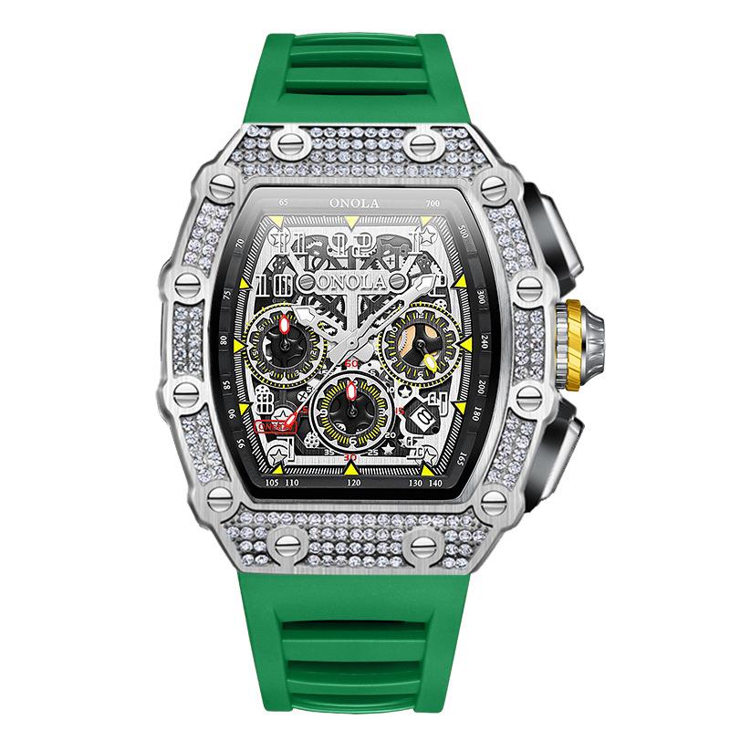 New Fashion Full Diamond Top Brand Multi-function Waterproof Quartz Men's Watch Silicone Band Sports Watch