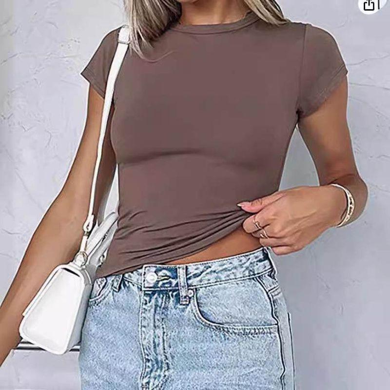 Summer Basic Round Neck Short-Sleeved T-Shirt for Women, Tight-Fitting, Sexy, European and American Style, Simple Pure Color, Versatile Top for Women