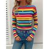 Nuova T-shirt casual da donna a maniche lunghe, con scollo rotondo e stampa a righe