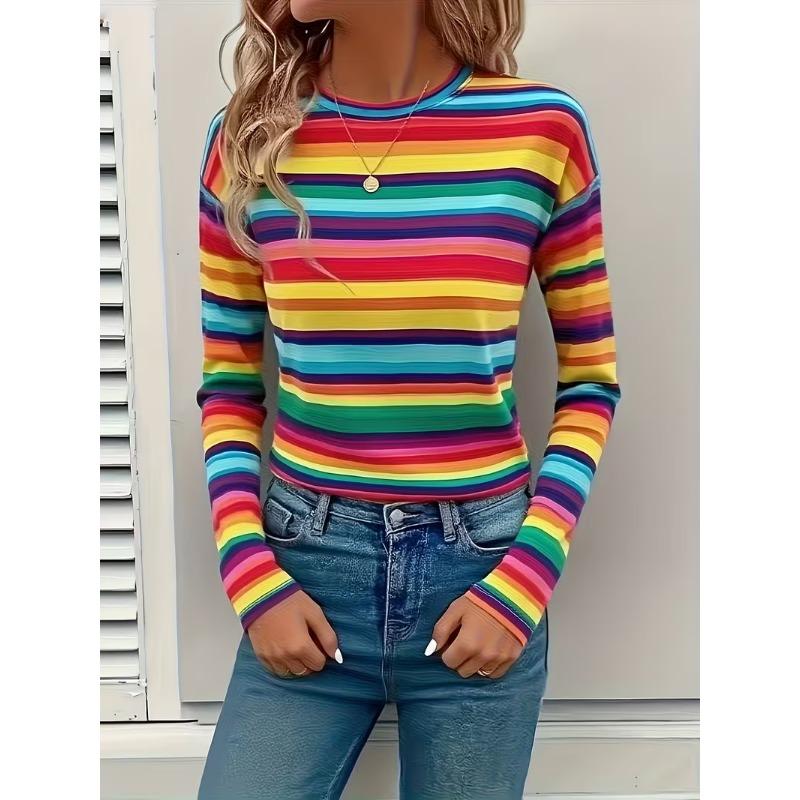 Nuova T-shirt casual da donna a maniche lunghe, con scollo rotondo e stampa a righe