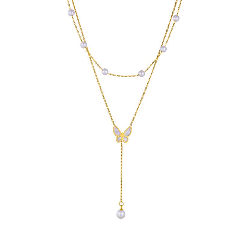 Niche Design Stainless Steel Layered Pearl & Butterfly Tassel Necklace