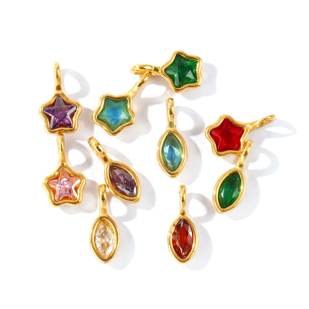2 Pcs Mini Multicolor Rhinestone Pentagram Olive Charms 304 Stainless Steel Geometric Pendants 18k Gold Plated For DIY Necklace