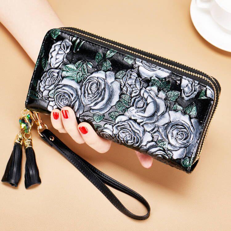 Floral Genuine Leather Wallet Women Large Capacity Ladies Leather Purse RFID Female Clutch Bag for Card and Cell Phone серый