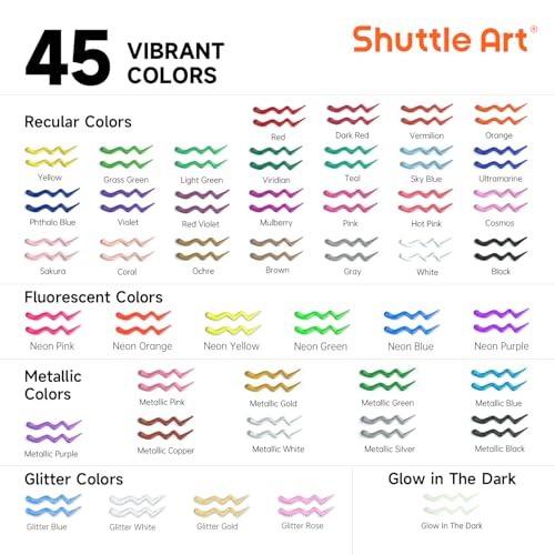 Shuttle Art 3D Fabric Paint Set, 45 Colors, 30ml each, Metallic Colors, Washable, Durable, Paintbrush, Stencil, and Palette Included, Perfect for DIY