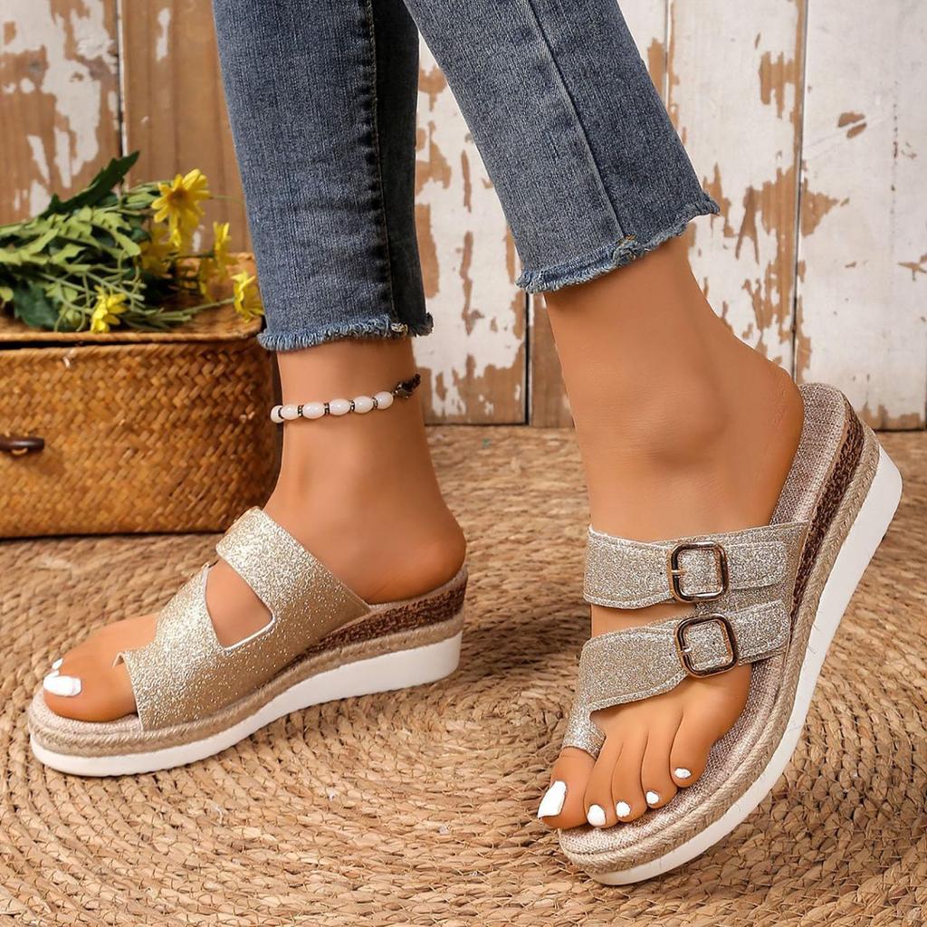 Women's Glitter Double Buckle Strap Espadrille Toe Post Slide Sandals Wedge Platform Casual Summer Footwear