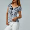 Female Tops, Plaid Lace Trim U-Neck Short Sleeve T-Shirt Close-Fitting Blouse for Summer, S/M/L