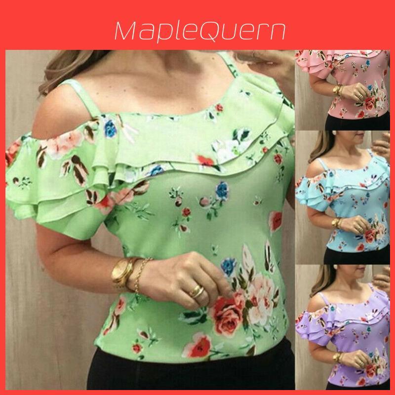 Women Floral Print Cold Shoulder Tops Stylish Summer Beach Tank Blouses Shirt In Multiple Colors