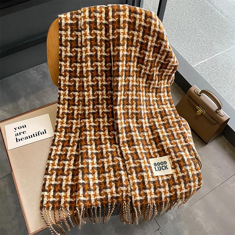Goodluk color matching square plaid scarf women's winter shawl street contrasting tassel imitation cashmere scarf