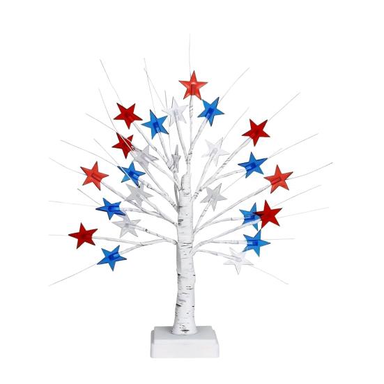 4th of July Decorative Lights Patriotic Tree Ornaments 18 Inch Tabletop Decor with 24 Red White Blue LED Star Lights