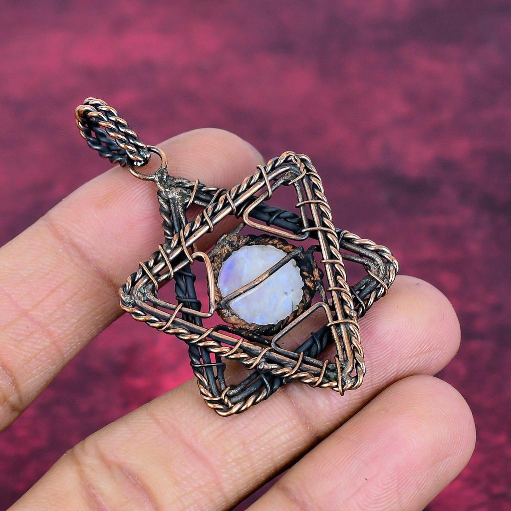 Rainbow Moonstone Pendant Real Gemstone Jewelry Copper Wire Wrapped Star Pendant
