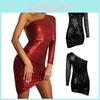 Damen Abendparty Rock Sexy Einärmiges Clubkleid mit glitzernder Nacht Pailletten Schulter