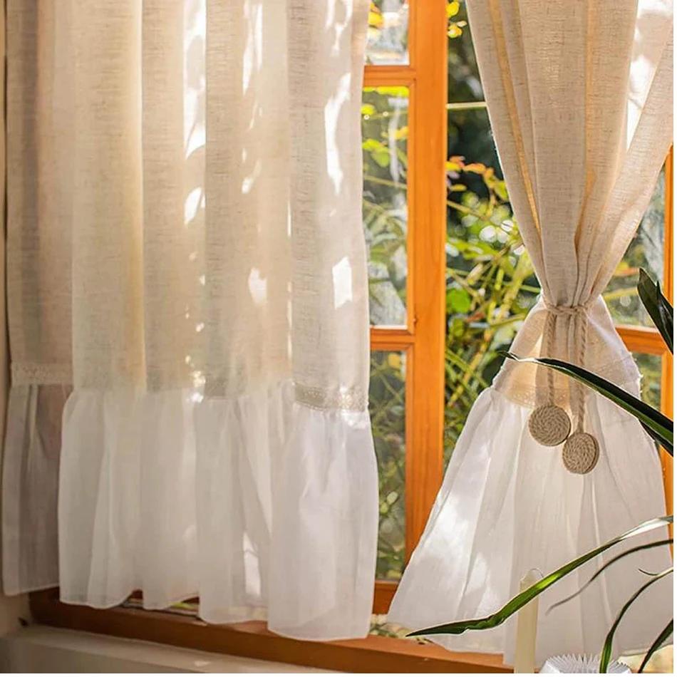 Linen Blending Spliced chiffon Curtains Road Pocket Shade Curtain for Kitchen Bedroom Living Room Bay Window Cabinet Curtain