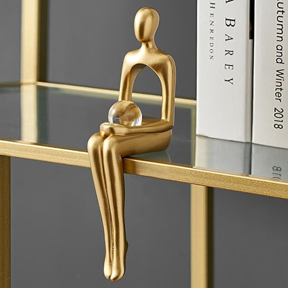 Resin Human Body Art Ornament Abstract Design Thinking Reading Man Figure Statue Golden Finish Desktop Ornament Office Supplies