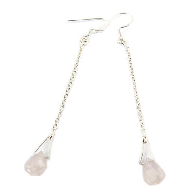 [Q9852] - Artisanal Silver Earrings 'Heaven' Rose Quartz Silver - 7 Cm - 10x7 Mm