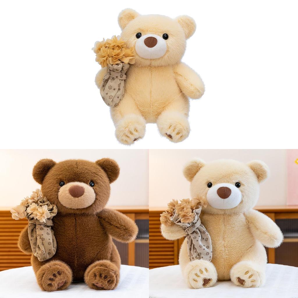 Cute Teddy Bear Plush Toy With Flower Holding Design For Valentines Day Gift For Girls