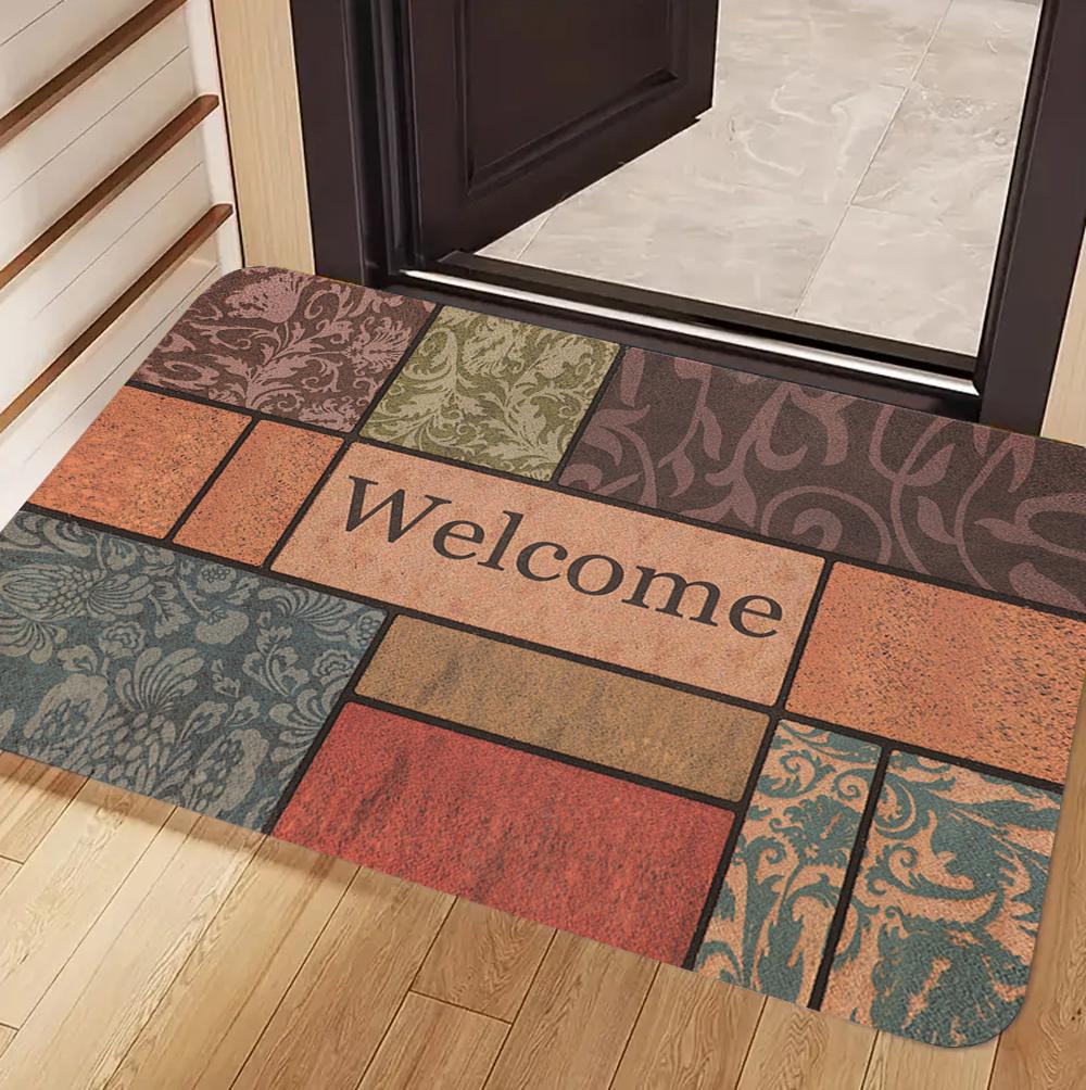 WELCOME Doormat with Stone and Wood Plank Design Non-Slip Entrance Mat for Front Door Home Decor Indoor Outdoor Welcome Rug Gift